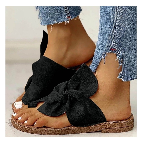 Source Unknown Shoes - Ladies Black Bow Slide Sandals